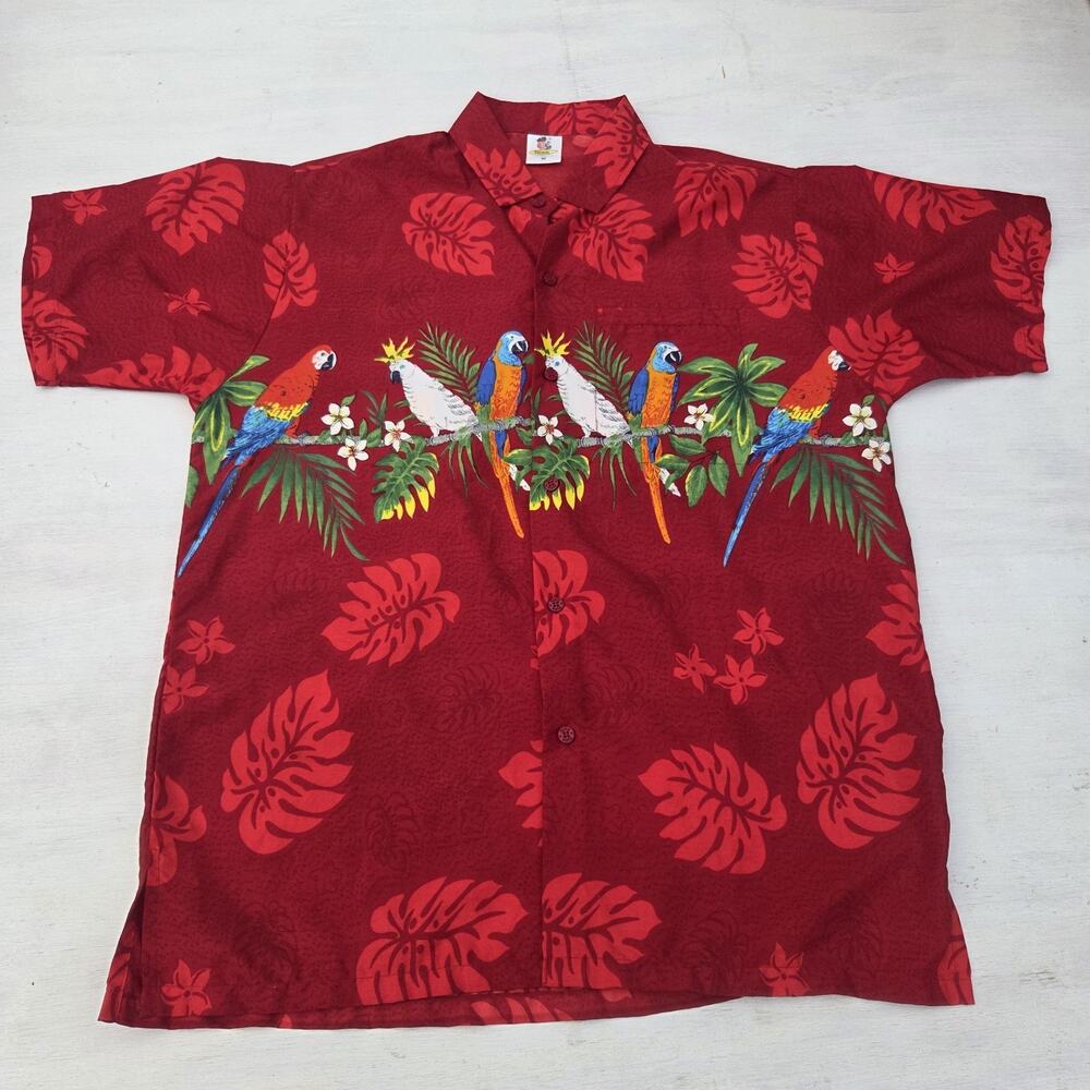 Rima Hawaiian Short Sleeve Shirt Red Tropical Beach Parrots Birds Caribbean M